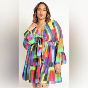 Eloquii Multicolor Tie Front Striped Ruffle Hem Mini Dress Multiple Sz 14 & 16